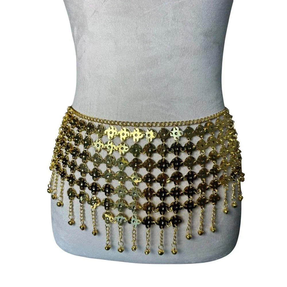 intage Y2K Indian Coin Fringe Belly Dance Belt Gold Tone Chainmail Festival